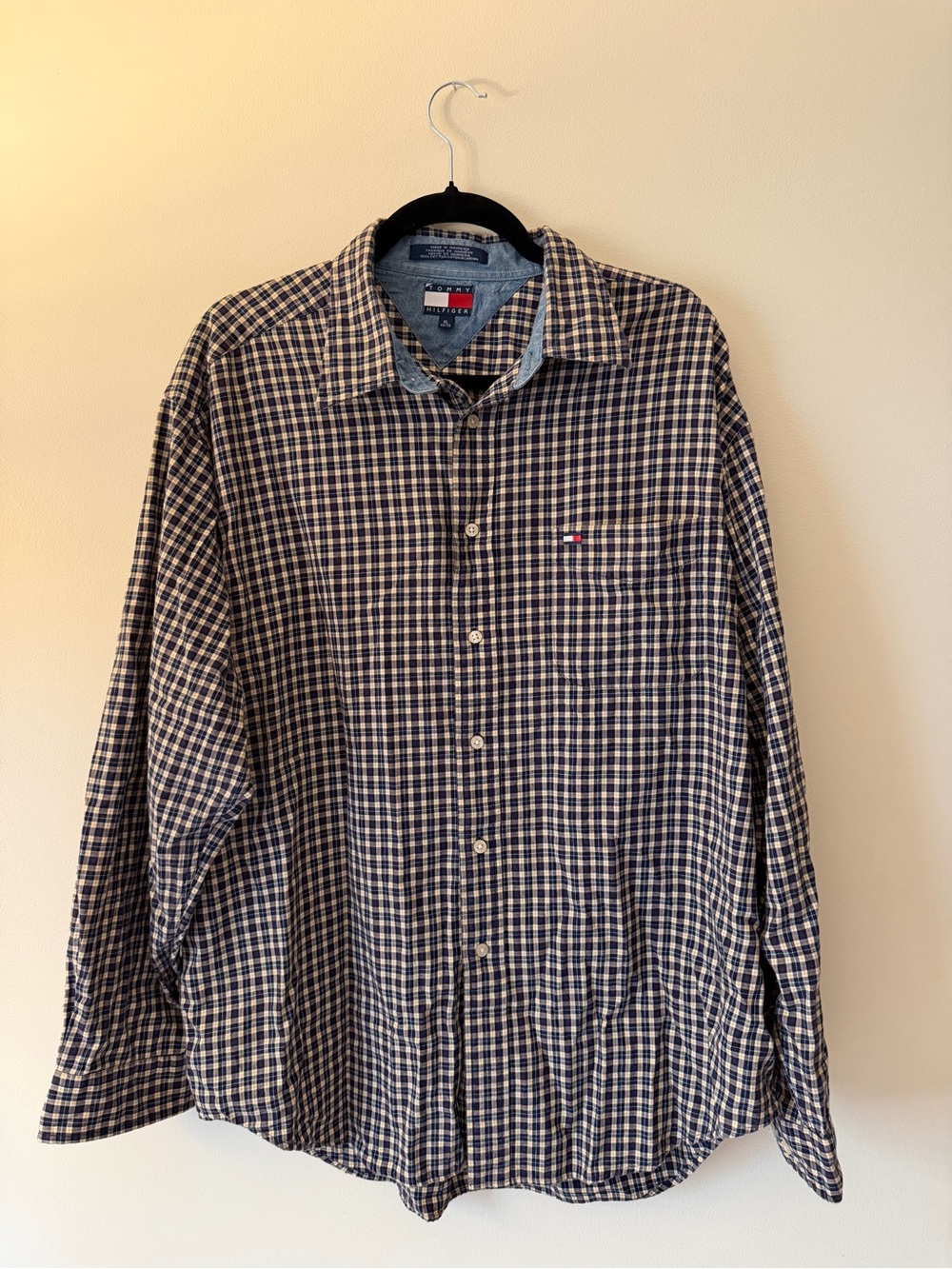 Tommy Hilfiger Navy and White and Yellow Checked Button-Down Shirt